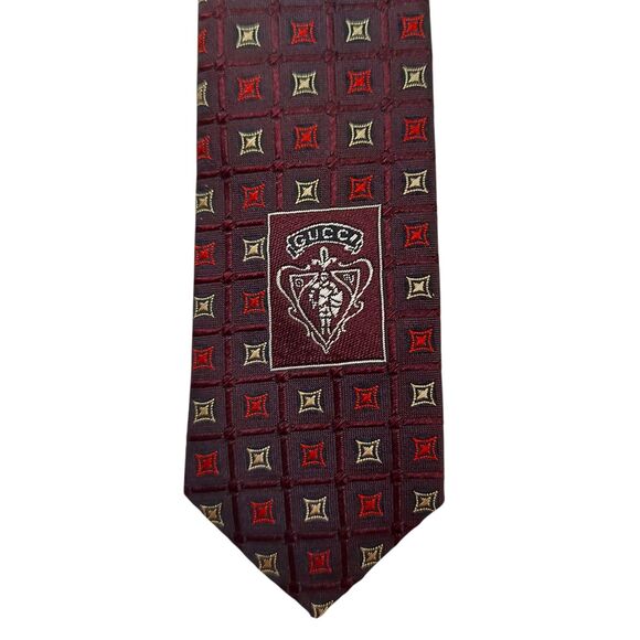 Gucci Tie Mens Red 100% Silk Narrow Geometric Meadow Luxury Designer Italy - Picture 9 of 12